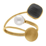 Bague en acier dor� pastille lisse un carr� oeil de chat imitation noir et perle blanche imitation - ...