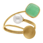 Bague en acier dor� pastille lisse un carr� oeil de chat imitation vert et perle blanche imitation - ...