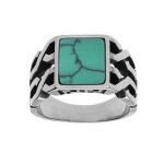 Bague en acier avec plateau carr� imitation turquoise