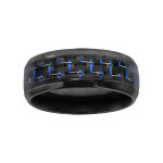 Bague en acier et pvd noir avec quadrillage en carbone et fils bleus