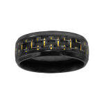 Bague en acier et pvd noir avec quadrillage en carbone et fils dor�s
