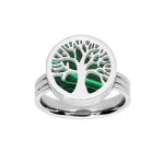 Bague en acier ronde avec arbre de vie sur fond malachite véritable Bague en acier ronde avec arbre de vie sur fond malachite véritable