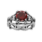 Bague en acier tte de mort et squelette avec pierre rouge