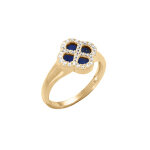Bague en argent doré trèfle verre bleu foncé contour oxydes blancs Bague en argent doré trèfle verre bleu foncé contour oxydes blancs