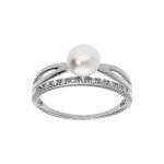 Bague en argent platin de forme croise avec perle de culture d'eau douce et oxydes blancs sertis