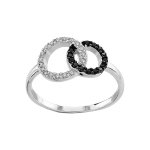 Bague en argent rhodi� 2 cercles entrelac�s : 1 orn� d'oxydes blancs et 1 orn� d'oxydes noirs