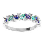 Bague en argent rhodi� avec alternance pierre navettes bleu iris� et vert lagon rehauss�e d'oxydes blancs ...