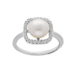 Bague en argent rhodi carr oxydes blancs avec perle de culture d'eau douce blanche