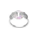Bague en argent rhodi� avec cercle verre facet� blanc et volute d'oxydes blancs sertis