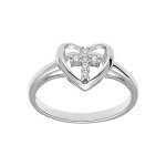 Bague en argent rhodi coeur avec croix et oxydes blancs sertis 9x10mm