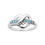 Bague en argent rhodi� coeur entrelac� et oxydes bleu ciel