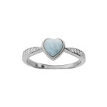 Bague en argent rhodi coeur en pierre larimar bleu vritable et oxydes blancs sertis