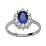 Bague en argent rhodi� collection joaillerie oxyde bleu au centre et petits oxydes blancs autour