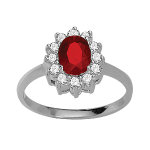 Bague en argent rhodi collection joaillerie oxyde rouge au centre et petits oxydes blancs autour