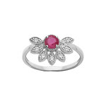 Bague en argent rhodi demi fleur de rubis vritable et topazes blanches