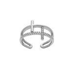 Bague en argent rhodi deux rangs croix 1 lisse et 1 avec des oxydes blancs sertis