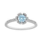 Bague en argent rhodi fleur oxydes bleu clair et blancs sertis