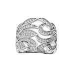 Bague en argent rhodi large avec courbes et feuillage pavs d'oxydes blancs sertis
