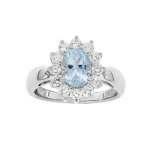 Bague en argent rhodi� massif avec topaze bleue ovale et oxydes blancs sertis