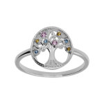 Bague en argent rhodié motif arbre de vie contour perlé d'oxydes multicolore Bague en argent rhodié motif arbre de vie contour perlé d'oxydes multicolore