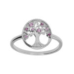 Bague en argent rhodié motif arbre de vie contour perlé d'oxydes roses Bague en argent rhodié motif arbre de vie contour perlé d'oxydes roses