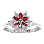 Bague en argent rhodi� motif fleur 10mm avec oxydes rouges et blancs