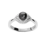 Bague en argent rhodi perle de culture de tahiti 7mm sur oeil d'oxydes blancs sertis