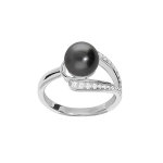 Bague en argent rhodi perle de culture de tahiti vritable entoure d'oxydes blancs sertis