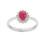 Bague en argent rhodié rubis véritable et contour topazes blanches serties Bague en argent rhodié rubis véritable et contour topazes blanches serties