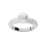 Bague en argent rhodi solitaire perle de culture d'eau douce et oxydes blancs sertiis
