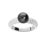 Bague en argent rhodi� solitaire perle de culture de tahiti v�ritable et oxydes blancs sertiis