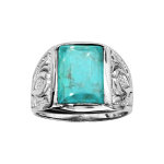 Bague en argent rhodié style chevalière plateau rectangulaire en turquoise de synthèse Bague en argent rhodié style chevalière plateau rectangulaire en turquoise de synthèse