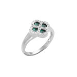 Bague en argent rhodi� tr�fle malachite, contour oxydes blancs