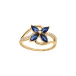 Bague croisée en vermeil avec oxydes blancs sertis et fleur verre bleu foncé Bague croisée en vermeil avec oxydes blancs sertis et fleur verre bleu foncé