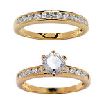 Bague double en plaqu or : 1 anneau rail d'oxydes et 1 anneau rail d'oxydes et solitaire blanc