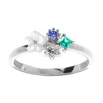 Bague florale en argent rhodi� avec oxydes bleu et turquoise et sa fleur de nacre