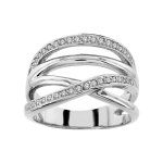 Bague large en argent rhodi 4 brins croiss dont 2 orns d'oxydes blancs