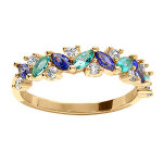 Bague en plaqu� or avec alternance pierre navettes bleu iris� et vert lagon rehauss�e d'oxydes blancs ...