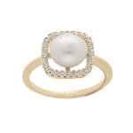 Bague en plaqu or avec carr d'oxydes blancs et perle de culture d'eau douce blanche
