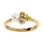Bague en plaqu� or jardin fleuri d'oxydes blancs et vert olive et sa fleur de nacre blanche