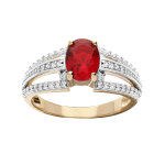 Bague en plaqué or avec oxyde central rouge et 3 rails oxydes blancs sertis Bague en plaqué or avec oxyde central rouge et 3 rails oxydes blancs sertis