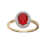 Bague en plaqué or avec oxyde rouge oval et contour oxydes blancs sertis Bague en plaqué or avec oxyde rouge oval et contour oxydes blancs sertis