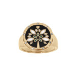 Bague stella mia en acier et pvd dor� type chevali�re plateau rond 18mm r�sine et nacre
