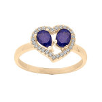 Bague en vermeil forme coeur avec saphirs véritables et contour topazes blanches serties Bague en vermeil forme coeur avec saphirs véritables et contour topazes blanches serties