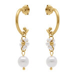 Boucles d'oreille en acier dor� fleur et boule blanche pendantes