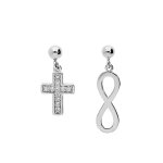 Boucles d'oreille en argent platin 1 infini et 1 croix oxydes blancs sertis et fermoir poussette