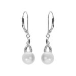 Boucles d'oreille en argent platin perle de culture d'eau douce avec oxydes blancs sertis, fermoir dormeuse ...