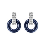 Boucles d'oreilles en argent rhodi 1 anneau en cramique bleu marine suspendue  1 anneau orn d'oxydes ...