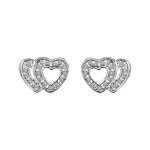 Boucles d'oreilles en argent rhodi� 2 coeurs superpos�s et �vid�s orn�s d'oxydes blancs et fermoir poussette ...