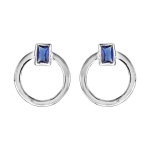 Boucles d'oreilles en argent rhodi anneau avec lment rectangulaire orn d'1 oxyde bleu fonc - fermoir ...
